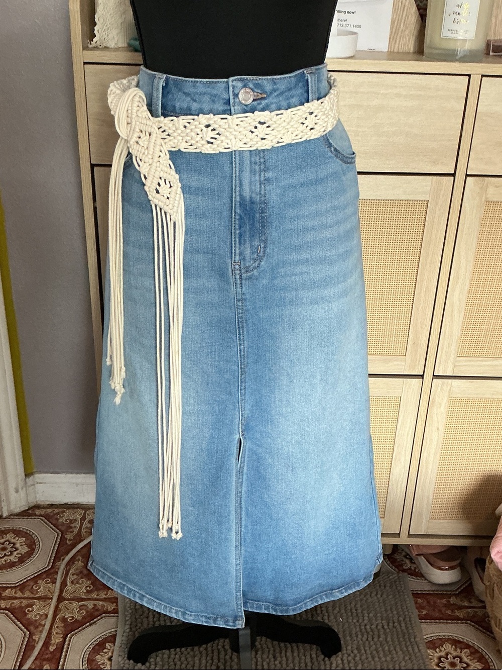 Time and Tru Light Blue High-Waist Denim Midi Skirt